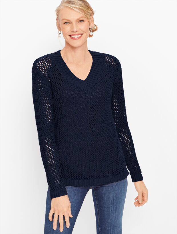 Open Weave V-Neck Sweater - Solid