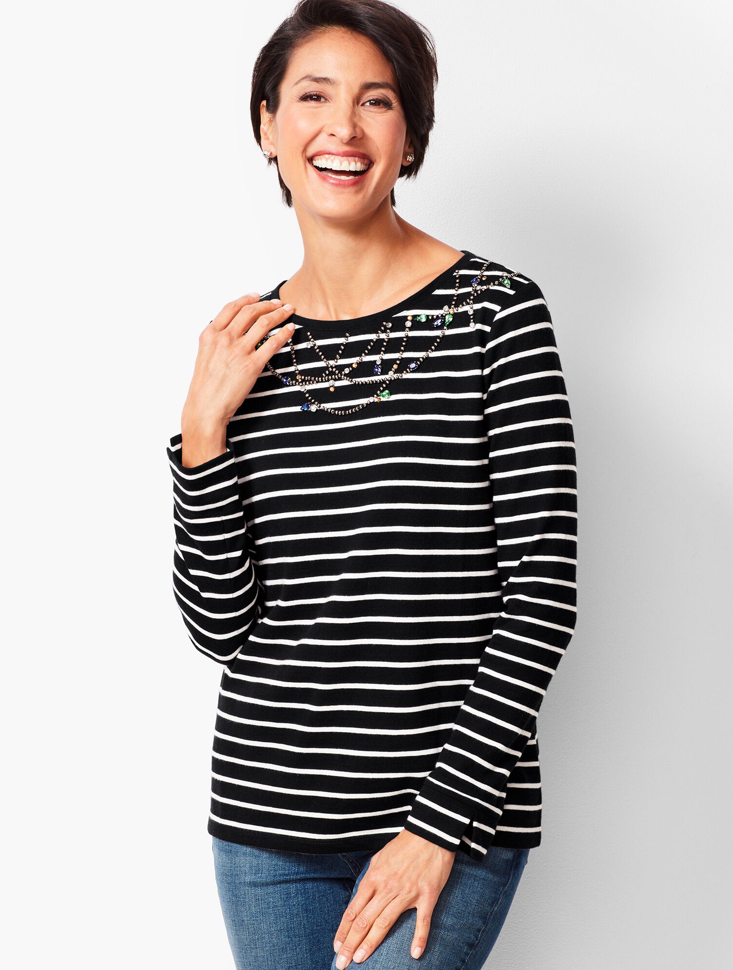 Embellished Long-Sleeve Stripe Tee