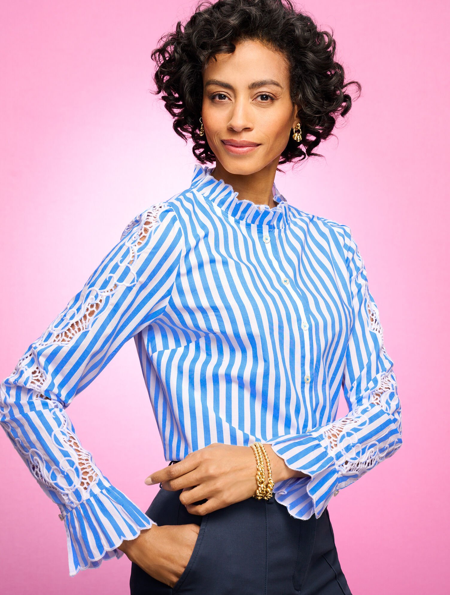 Embroidered Poplin Top - Tranquil Stripe