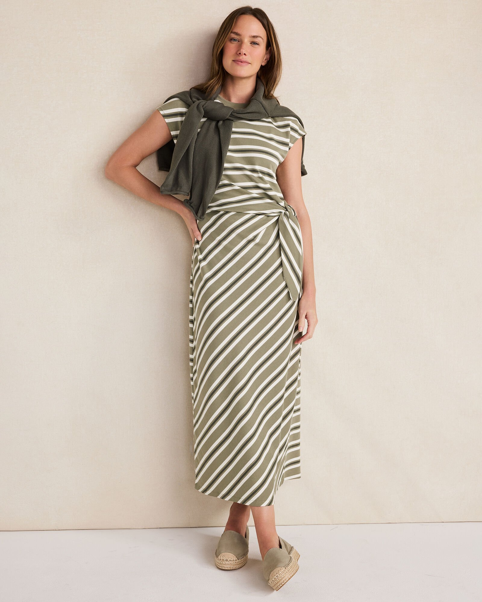 Organic Cotton Interlock Stripe Midi Knot Dress