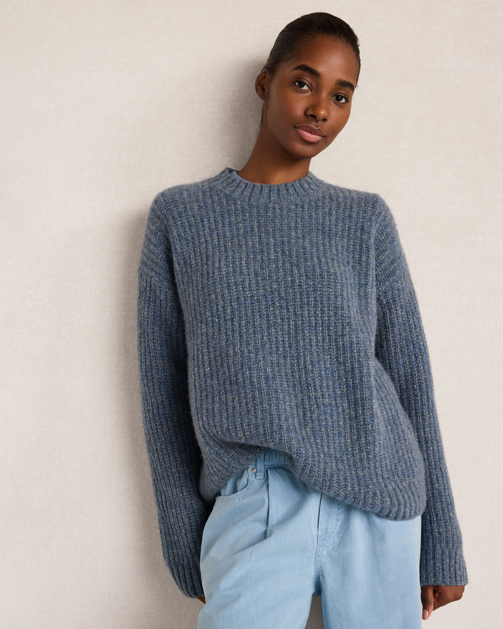Marled Cashmere Shaker Stitch Crewneck Sweater