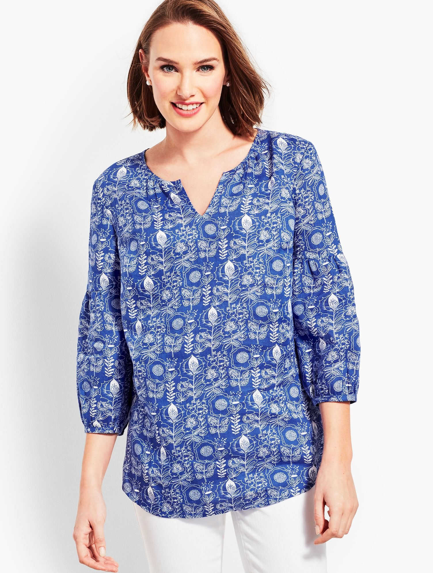 Linen Lantern-Sleeve Popover Shirt - Floral | Talbots