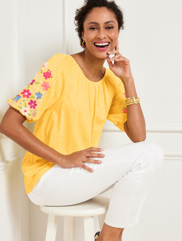 Elbow Sleeve Top - Embroidered Floral