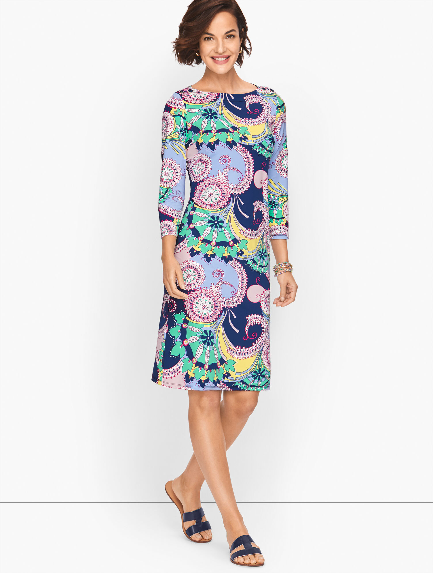 jersey shift dress with sleeves - Spiral Paisley V neck