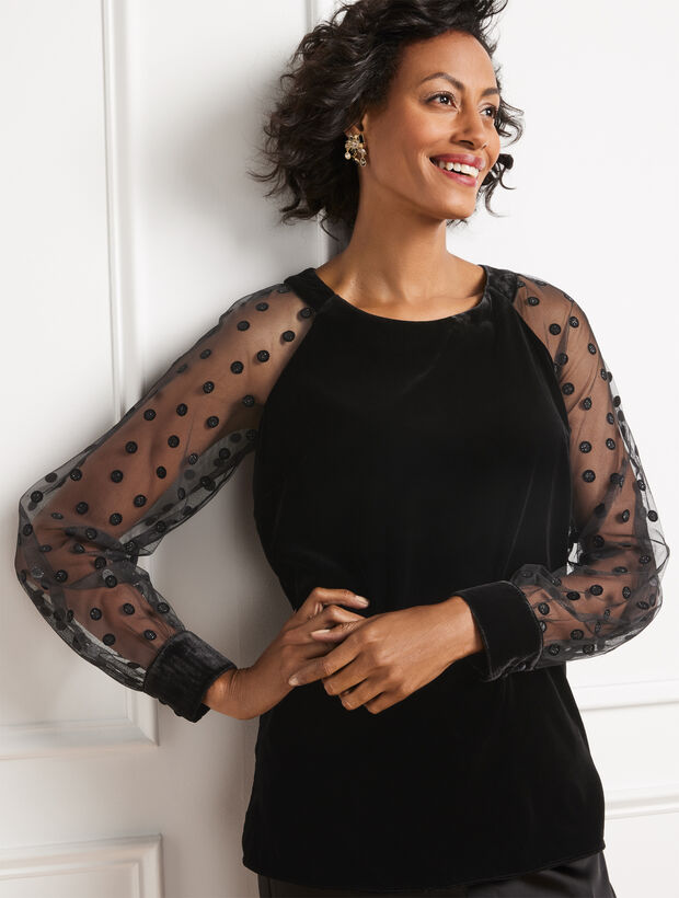 Glitter Dot Mesh Sleeve Velvet Top
