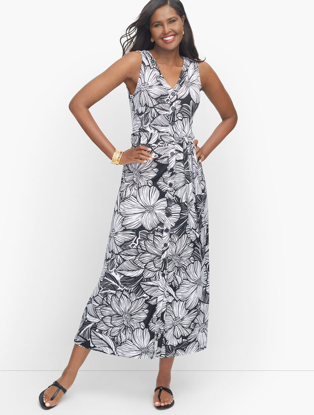 Knit Jersey Button Front Tropical Maxi Dress