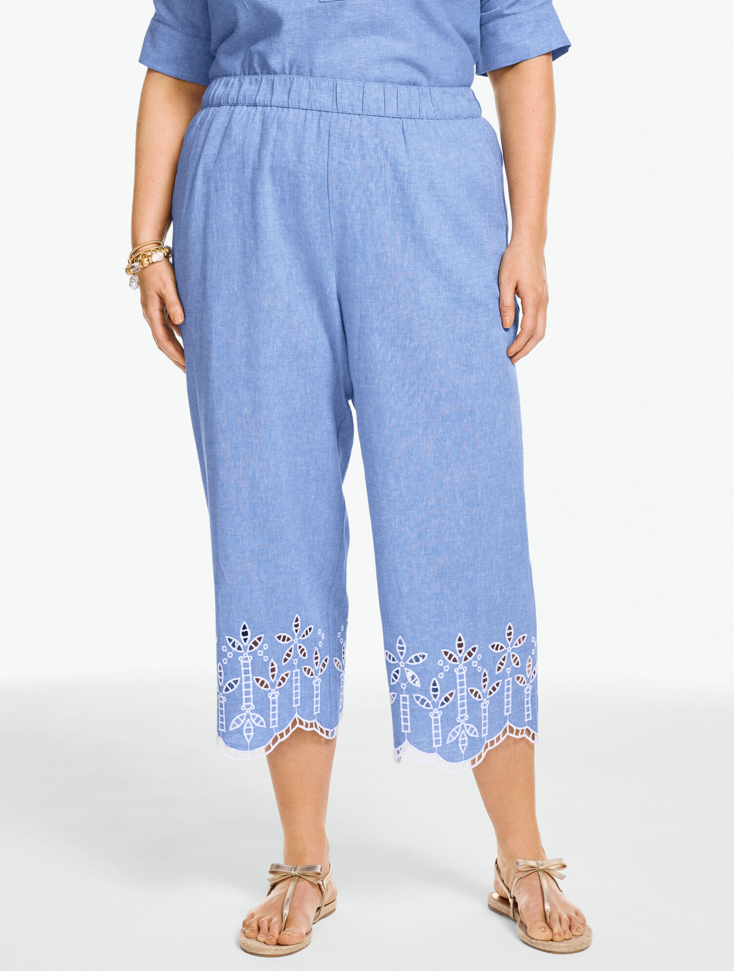 Embroidered Washed Linen Wide Crop Pull-On Pants