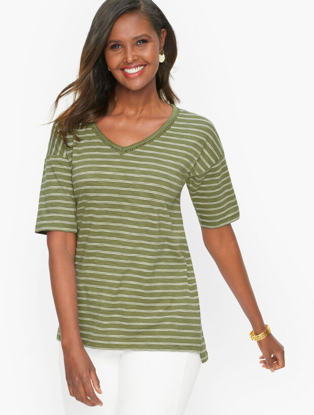 Elbow Sleeve V-Neck Tee - Stripe