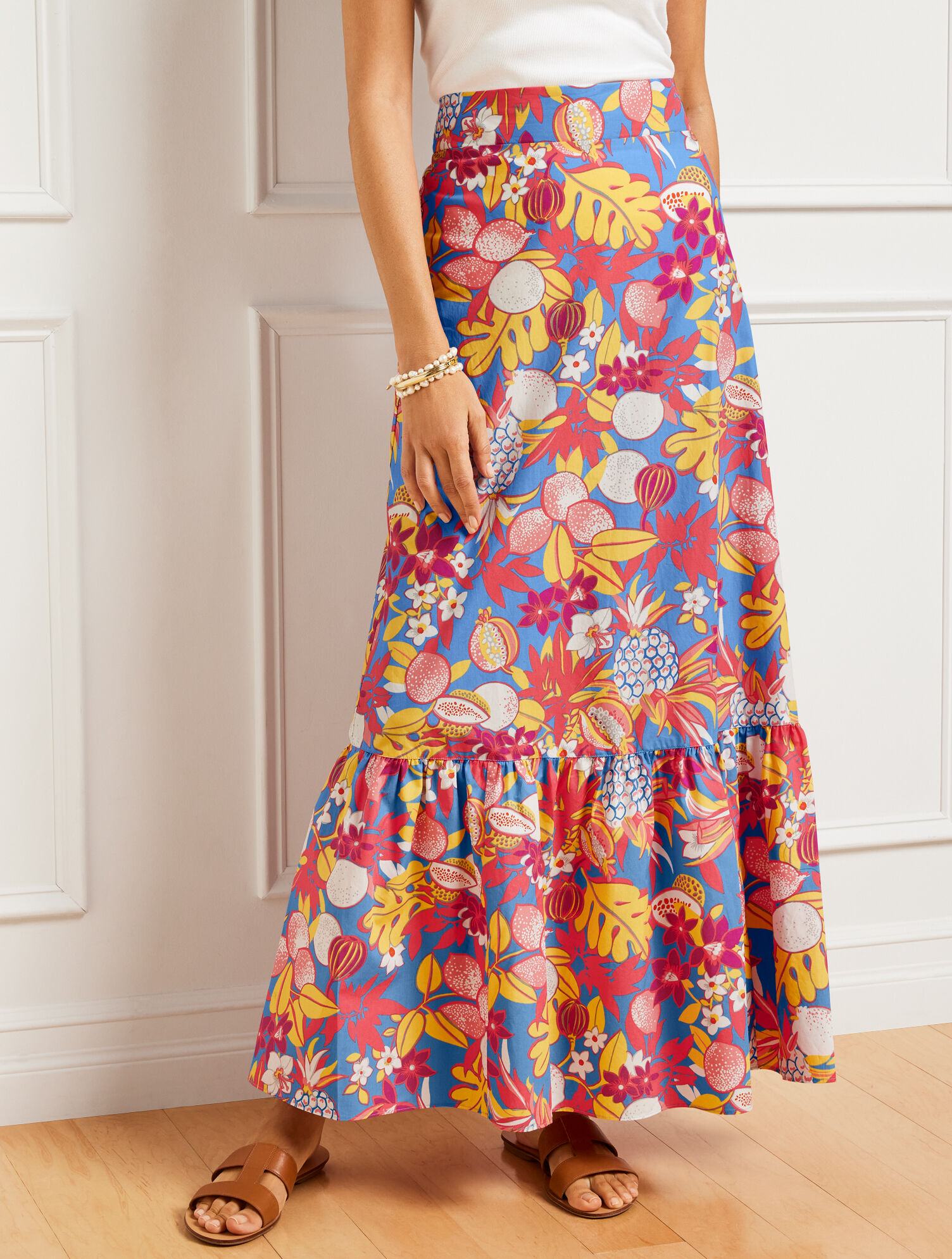 Fruits And Flowers Poplin Tiered Maxi Skirt