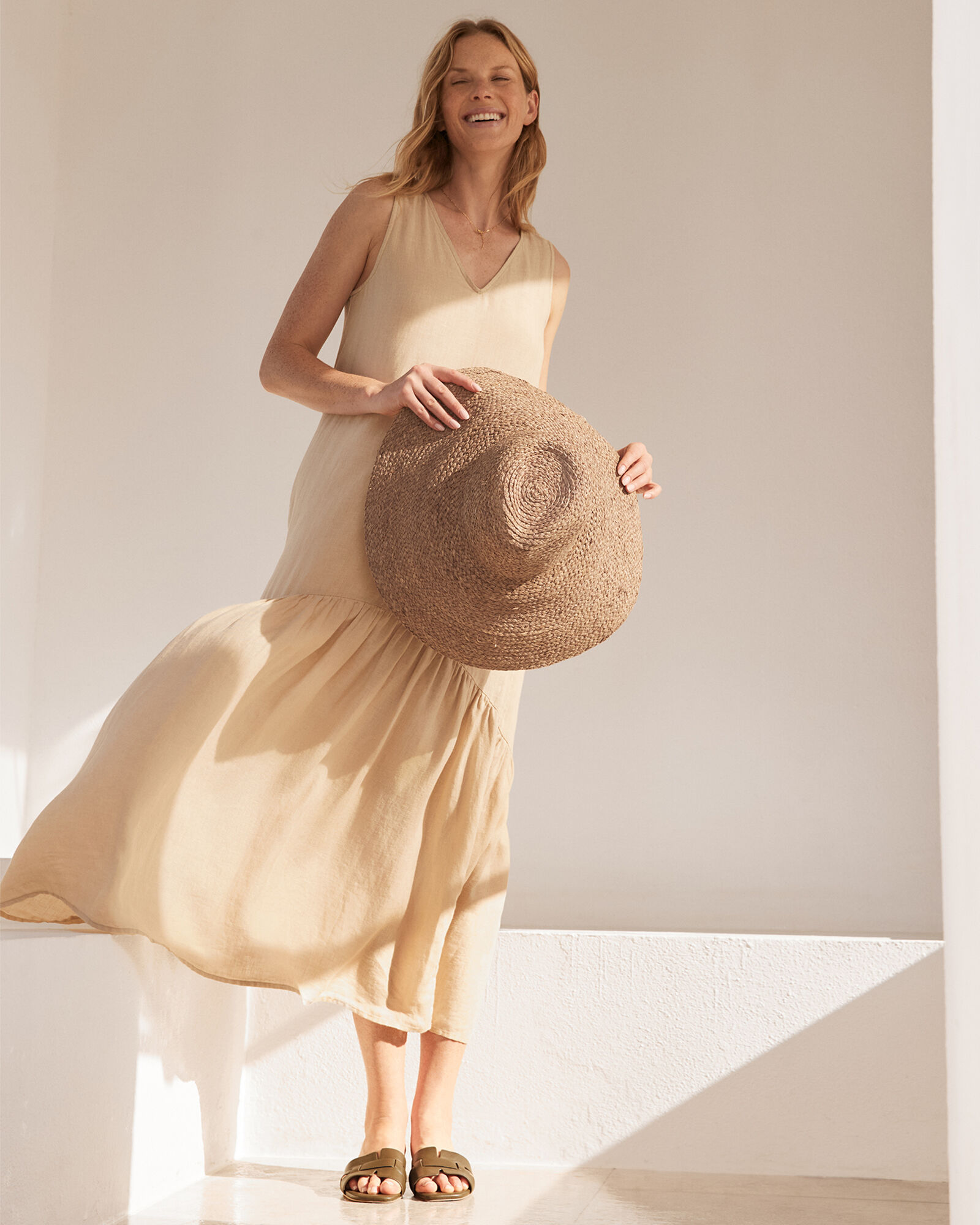 Linen V-Neck Tiered Midi Dress