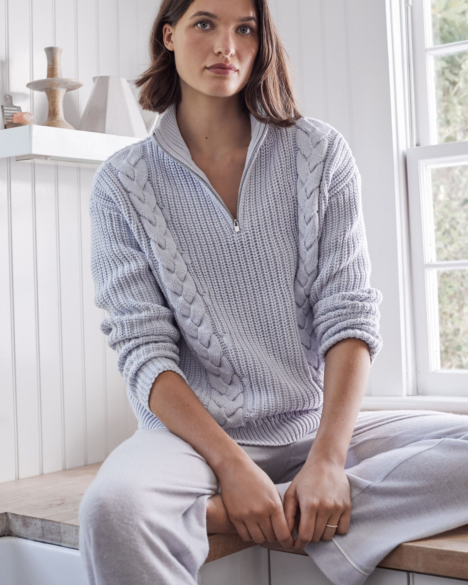 Shaker Stitch Half-Zip Cable Knit Sweater