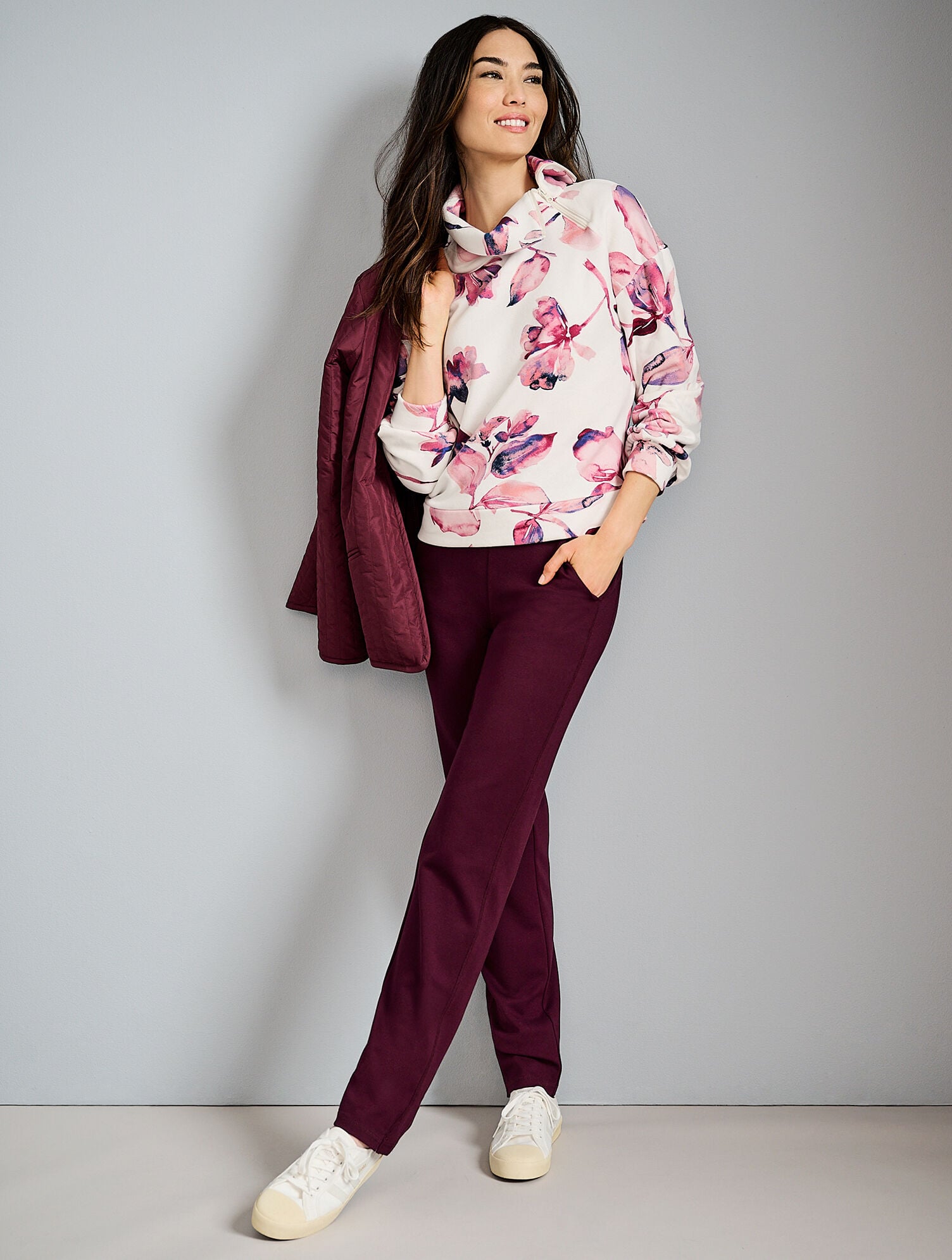 Cozy Fleece Asymmetrical Zip Pullover - Brushed Floral