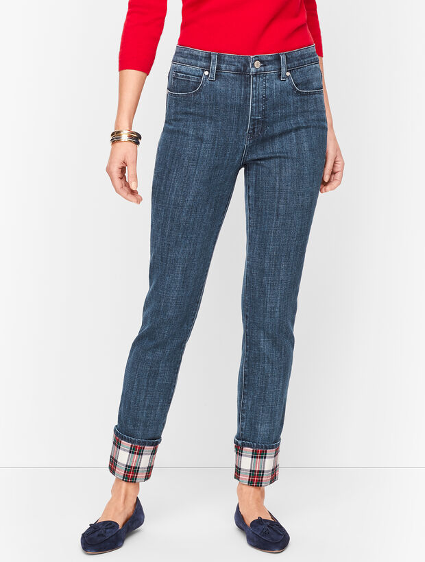 Straight Leg Jeans - Plaid Cuff