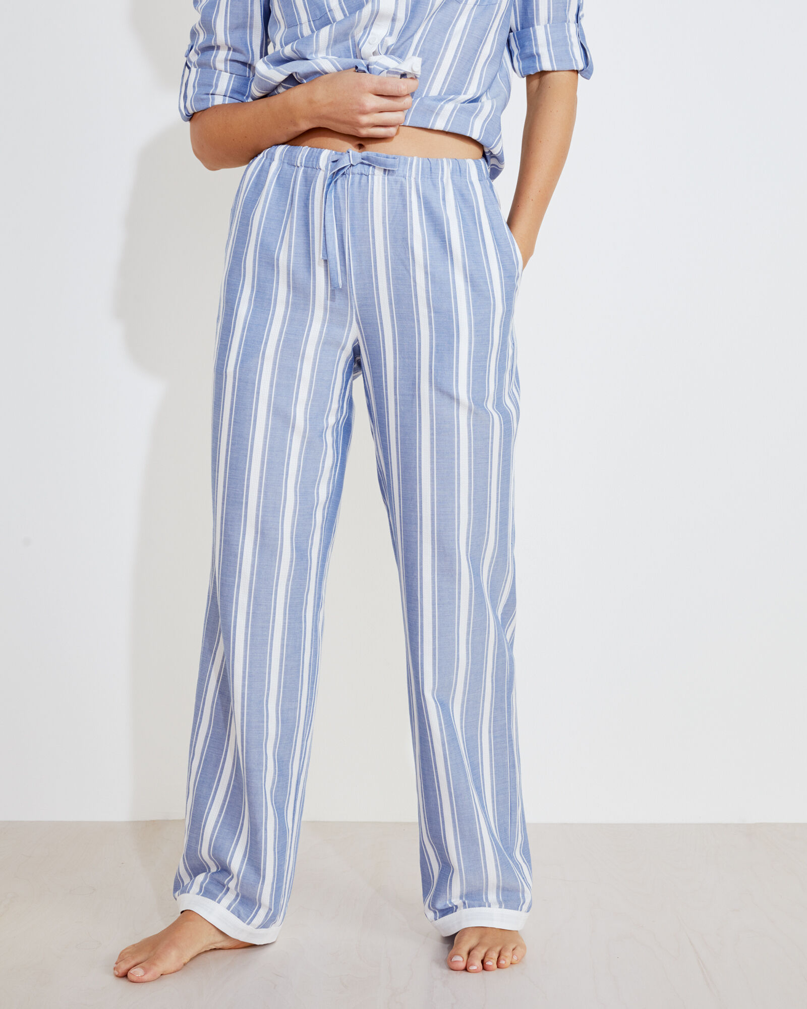 Cotton Blend Striped Drawstring Pants