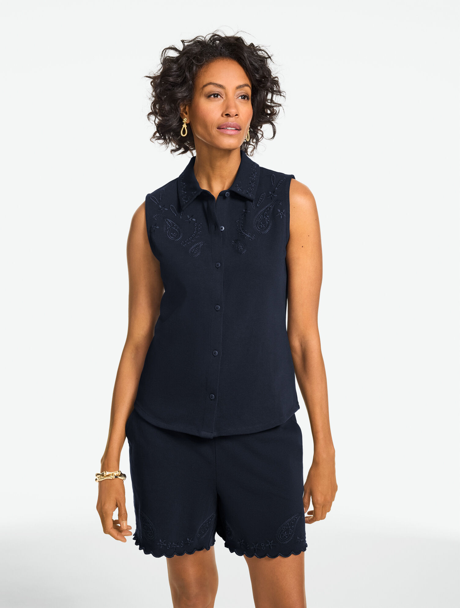 Sleeveless Eyelet Button Front Top