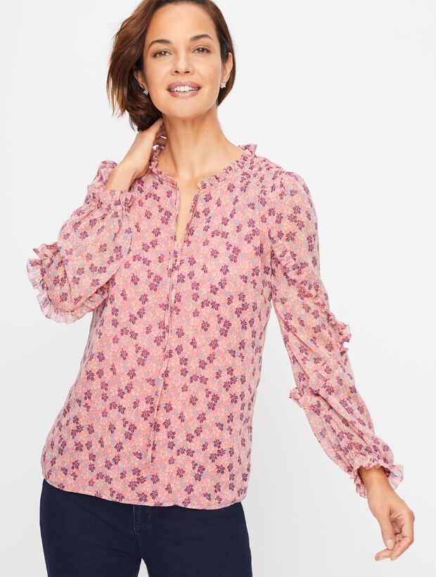 Floral Smocked Ruffle Shoulder Tie Neck Top