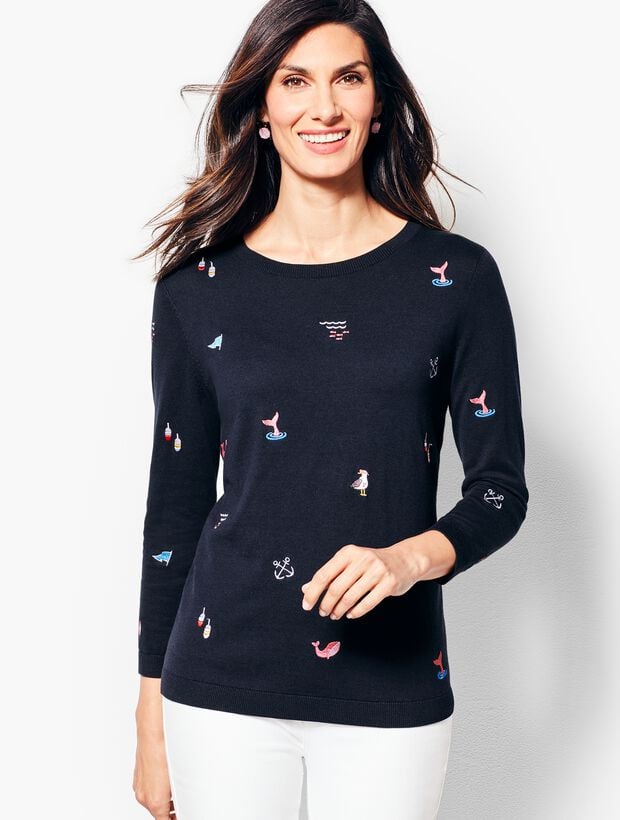 Three-Quarter-Sleeve Nautical Embroidered Sweater