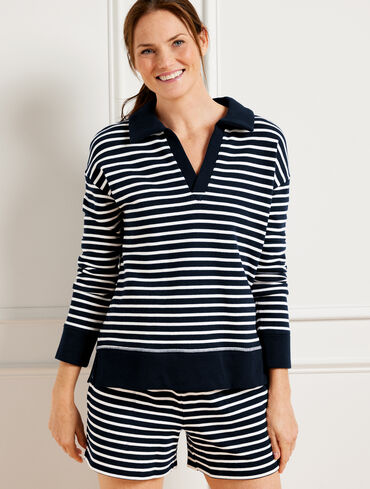 Cotton French Terry Johnny Collar Pullover - Wander Stripe