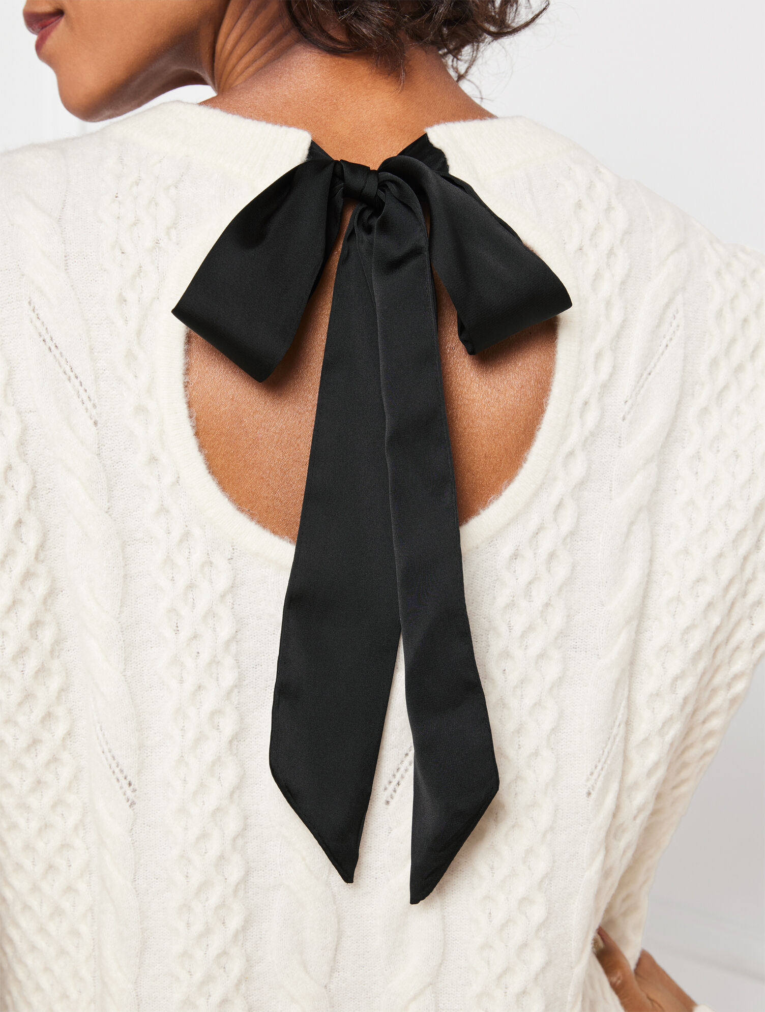 Satin Bow Cable Knit Pullover