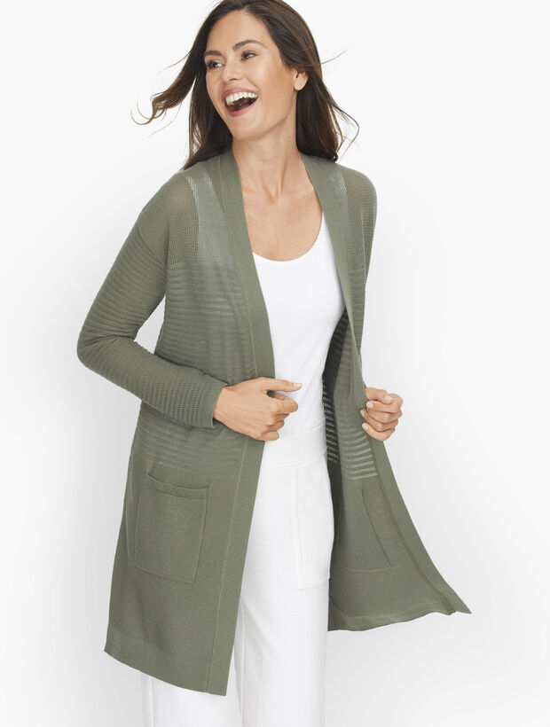 Alfani Womens Mixed Stitch Open Front Linen Blend Cardigan Green Size Small