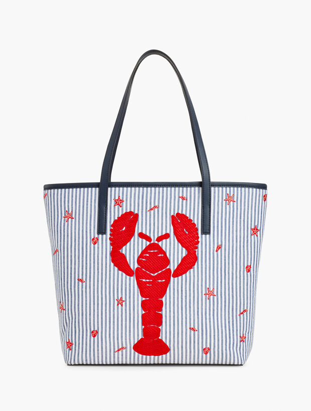 Seersucker Embroidered Lobster Tote Bag