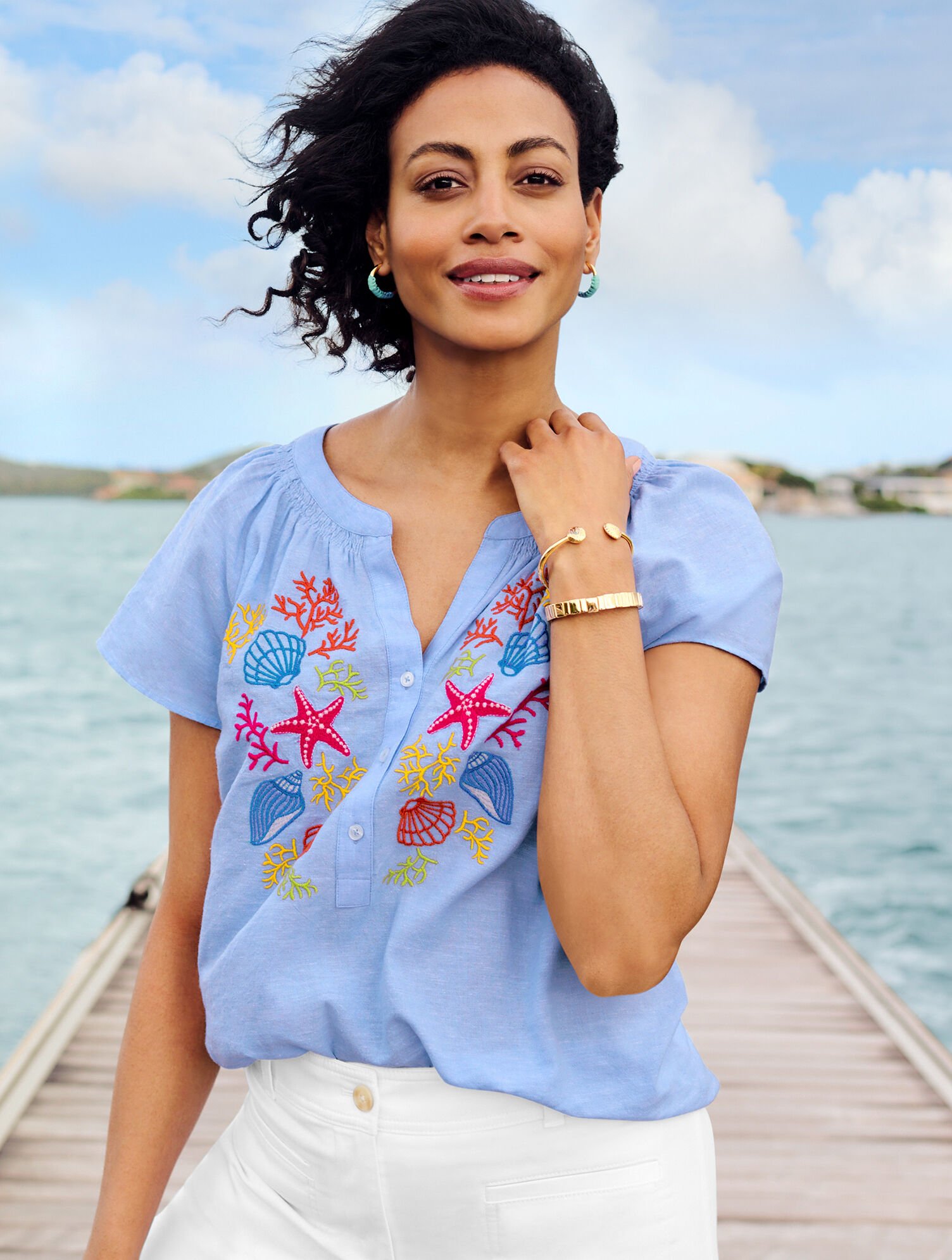 Linen Cotton Top - Embroidered Seashell | Talbots