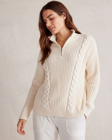 Shaker Stitch Half-Zip Cable Knit Sweater