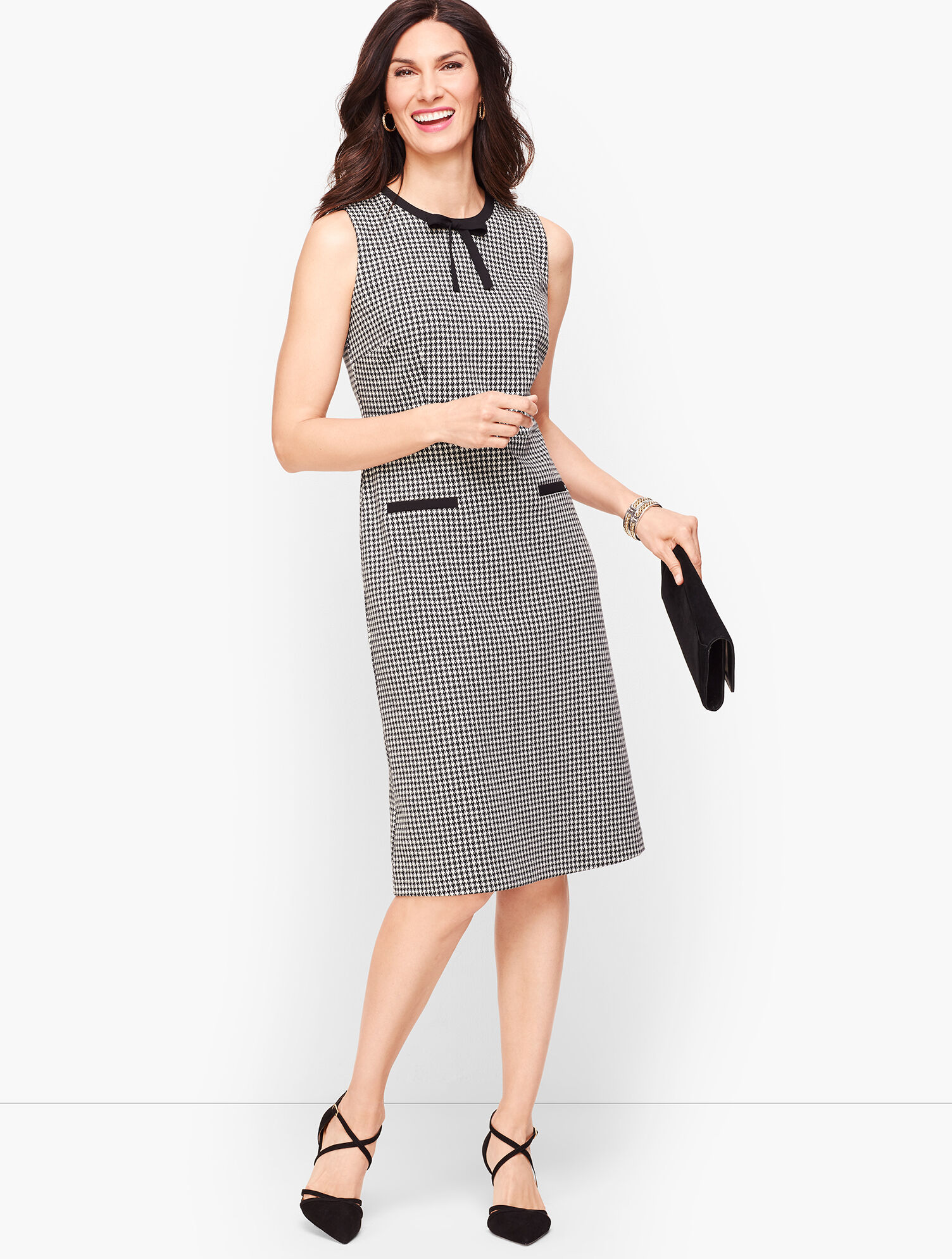 Tipped Ponte Tie Neck Dress - Houndstooth | Talbots