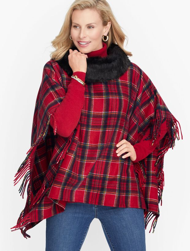 Faux Fur Collar Ribknit Cowlneck Poncho - Tartan Plaid