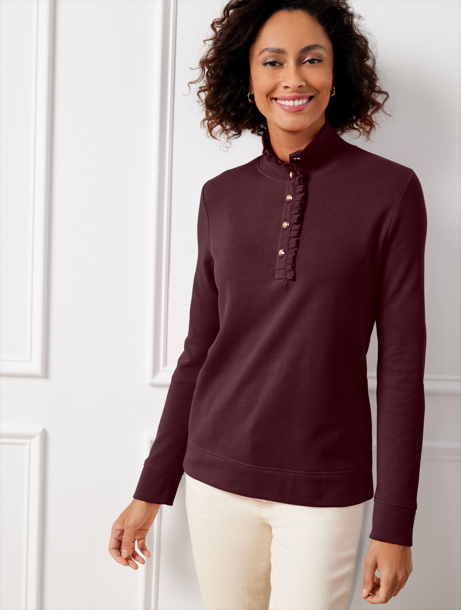 Ruffle Placket Mockneck Pullover | Talbots