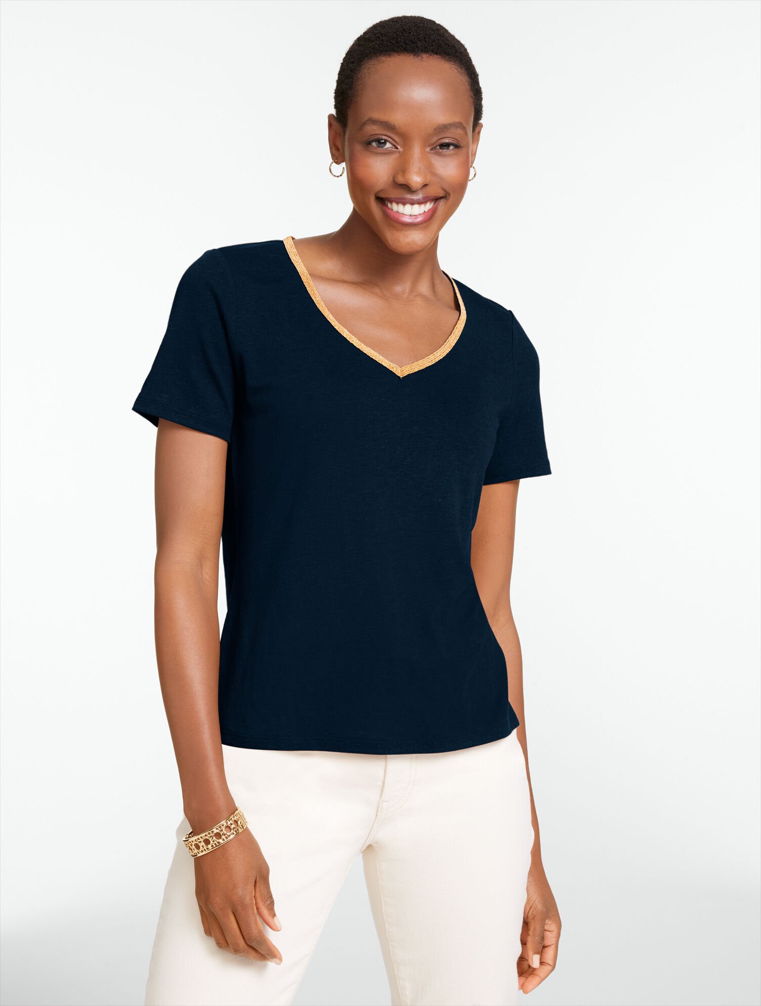 Beaded Linen Blend V-Neck Tee