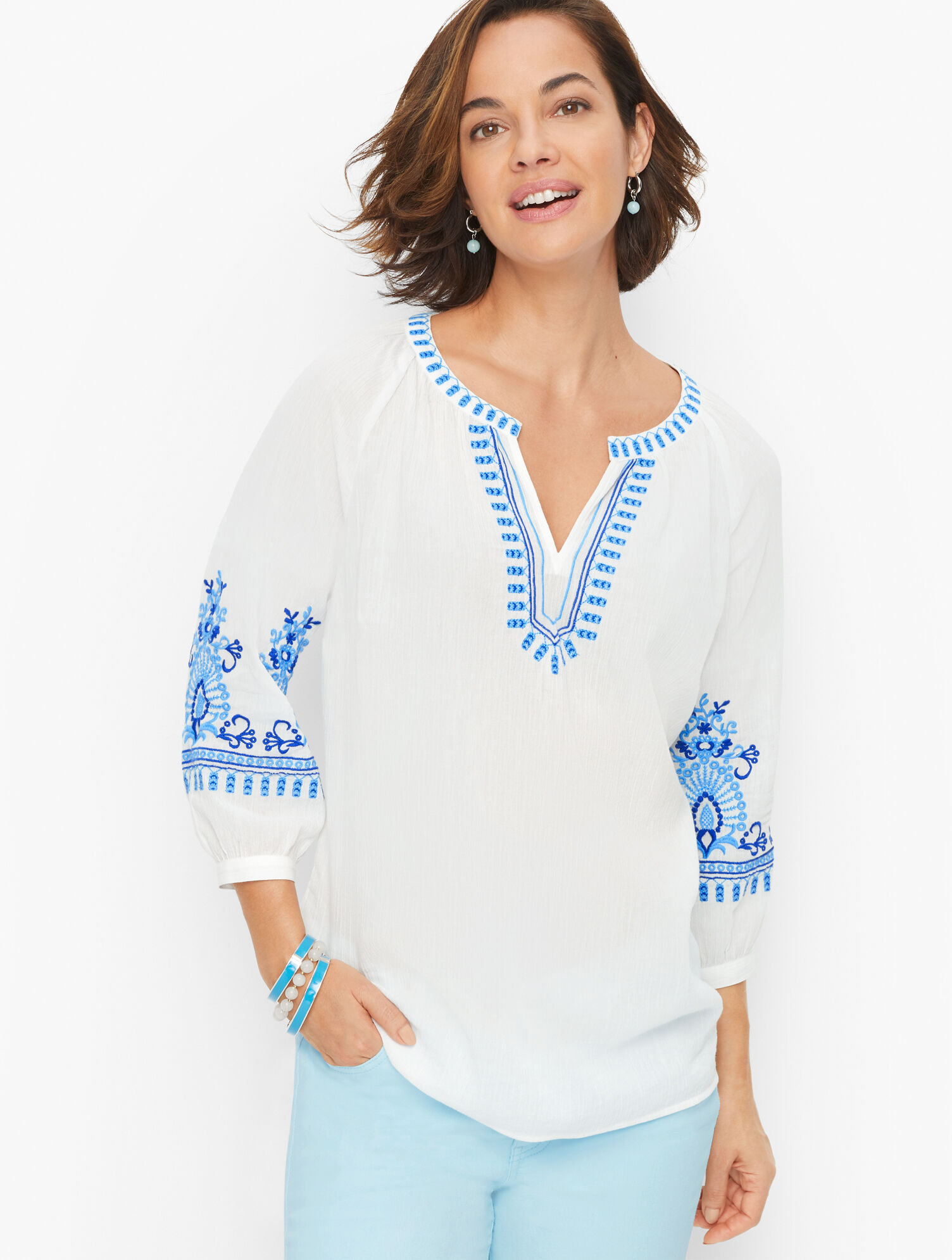 Crinkle Gauze Embroidered Top Talbots