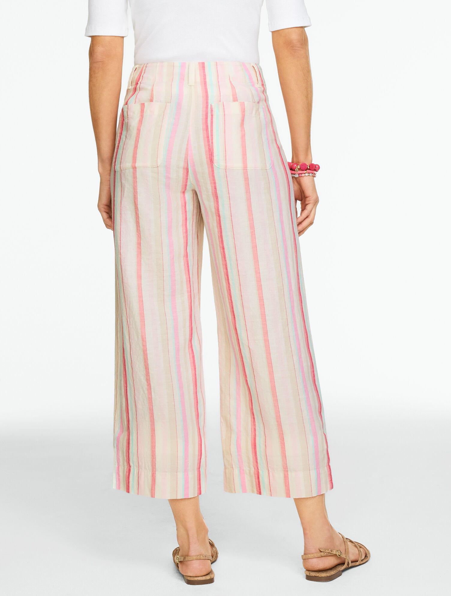 Washed Linen Wide Crop Patch Pocket Pants - Sweet Stripe