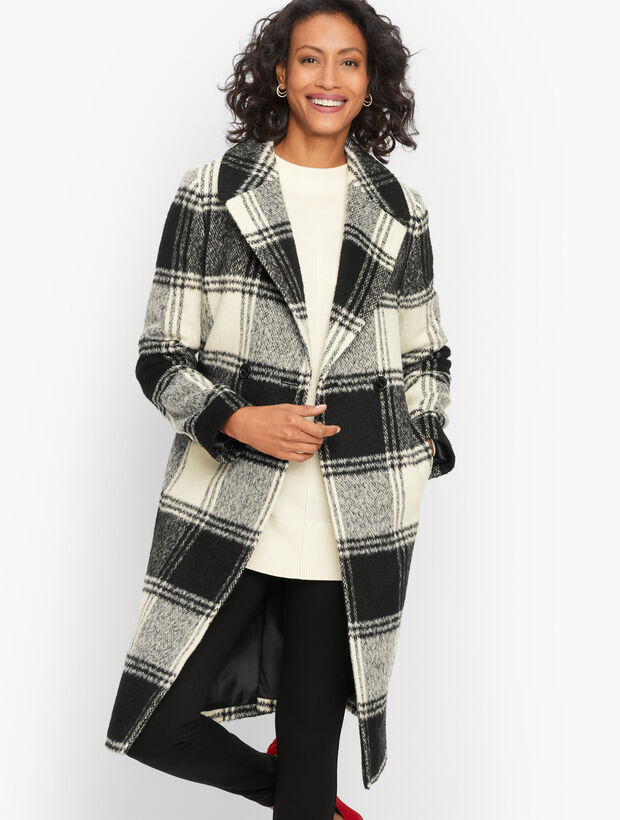 Brushed Wool Blend Plaid Coat