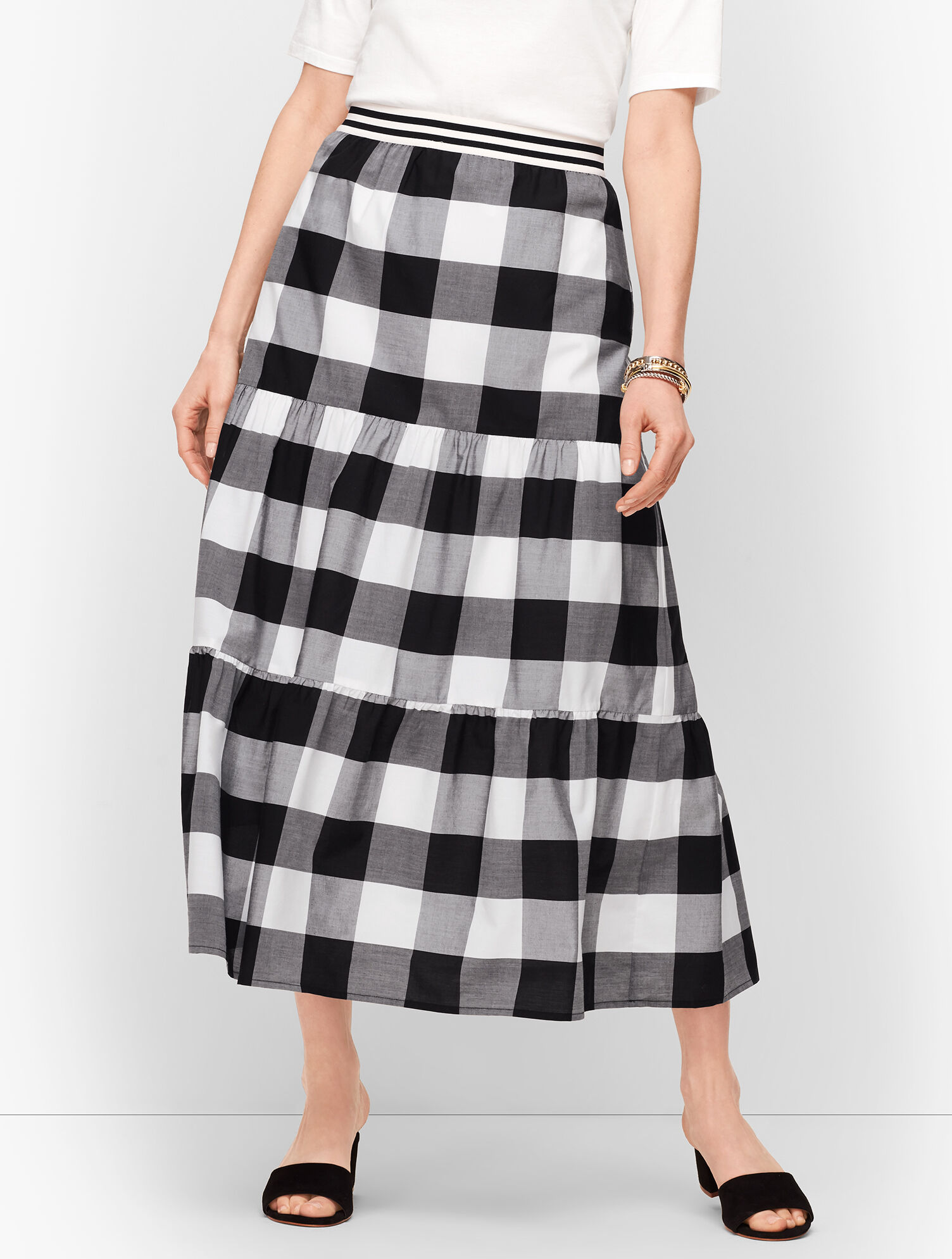 Buffalo Check Tiered Midi Skirt