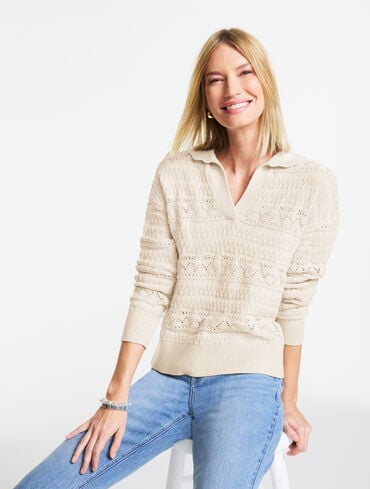 Pointelle Johnny Collar Sweater