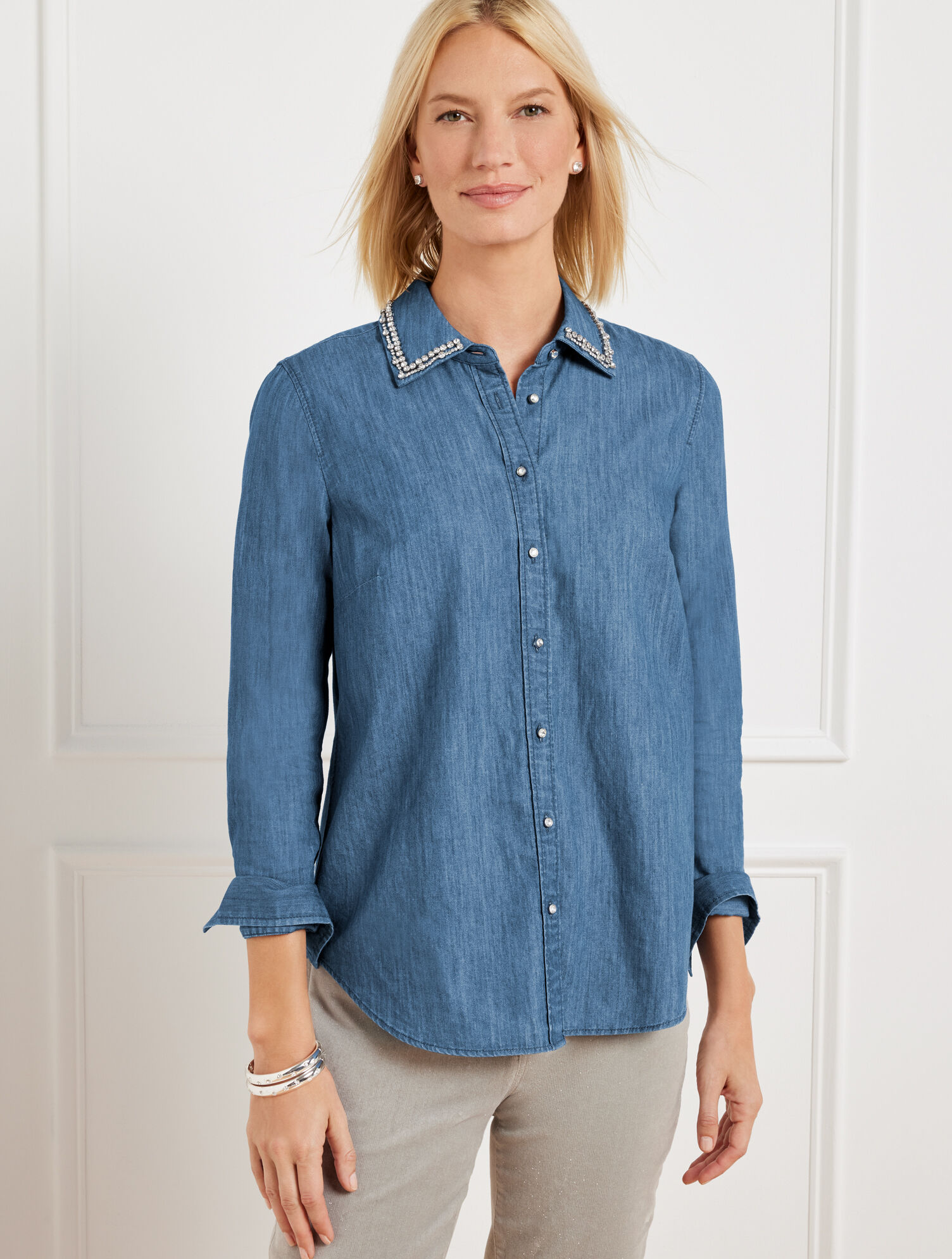 Embellished Collar Denim Button Front Shirt Talbots