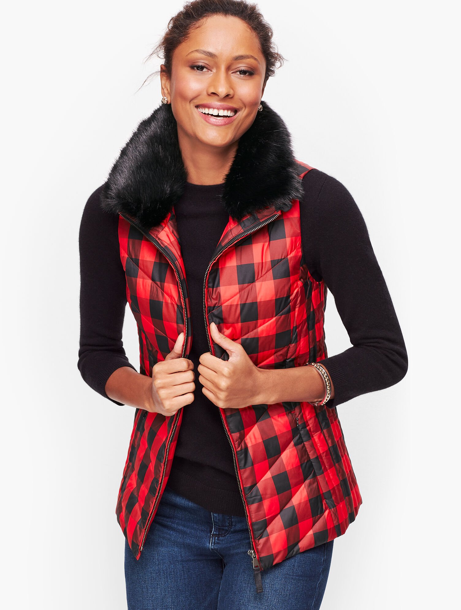 Down Faux Fur Collar Puffer Vest Buffalo Plaid Talbots