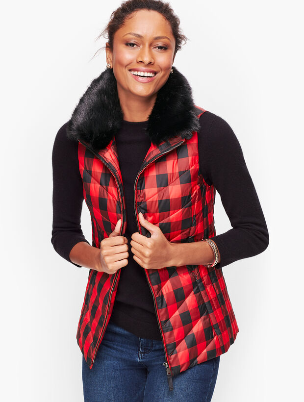 Down Faux Fur Collar Puffer Vest Buffalo Plaid Talbots