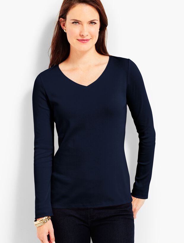 Pima Cotton Long-Sleeve V-Neck Tee