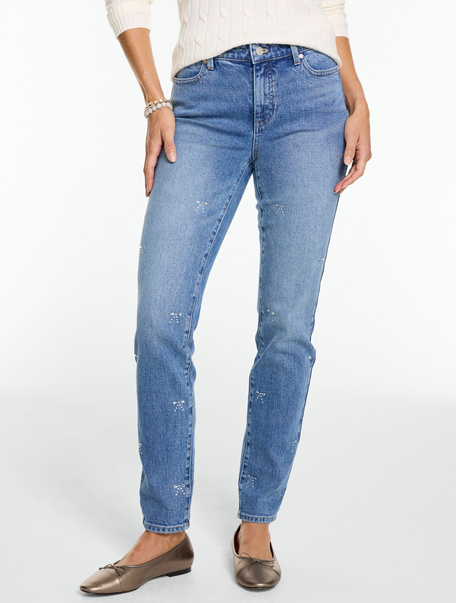 Slim Ankle Rhinestone Jeans - Crystal Bows