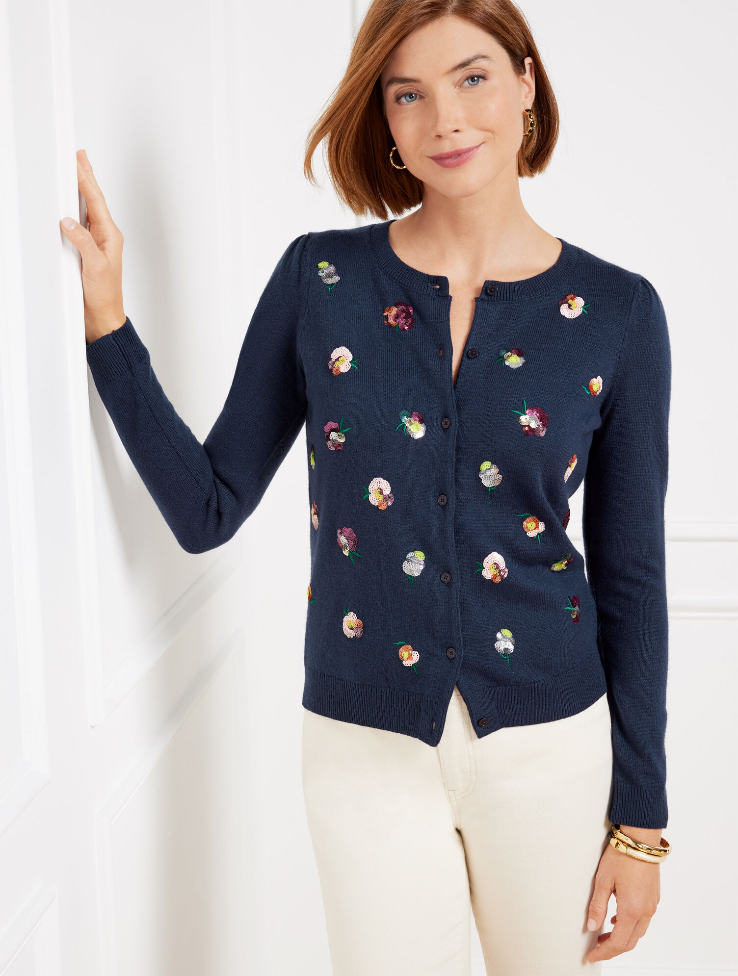 Sequin Embellished Crewneck Cardigan | Talbots