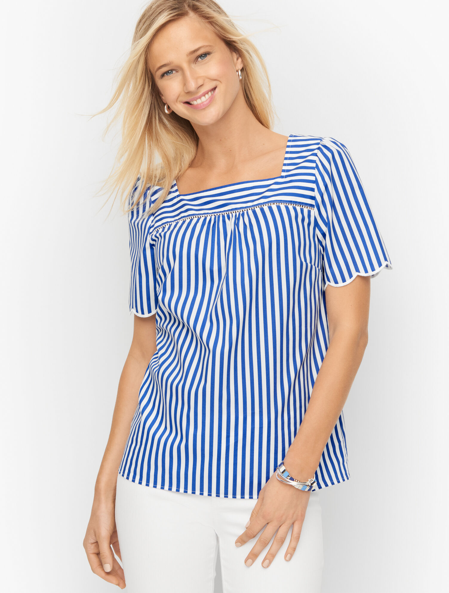 Sailboat Stripe Scalloped Square Neck Top | Talbots