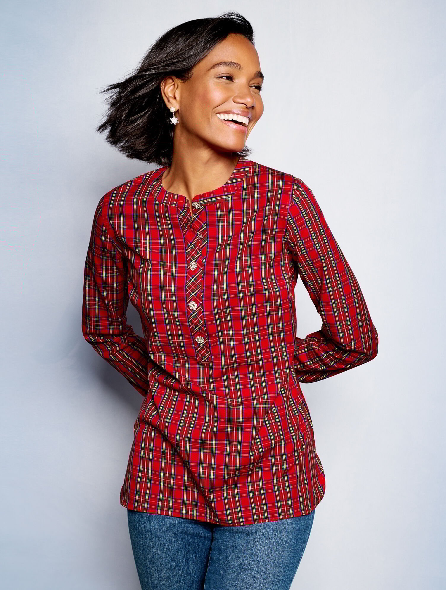 Band Collar Tunic Celebrate Plaid Talbots