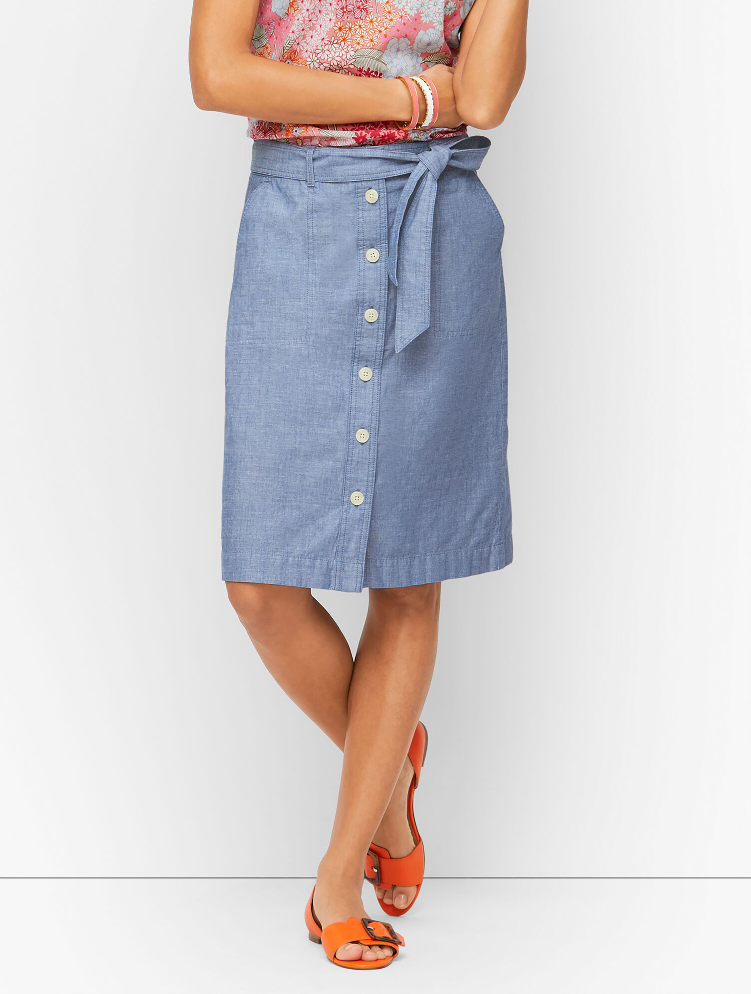 Button Front Skirt - Newport Chambray