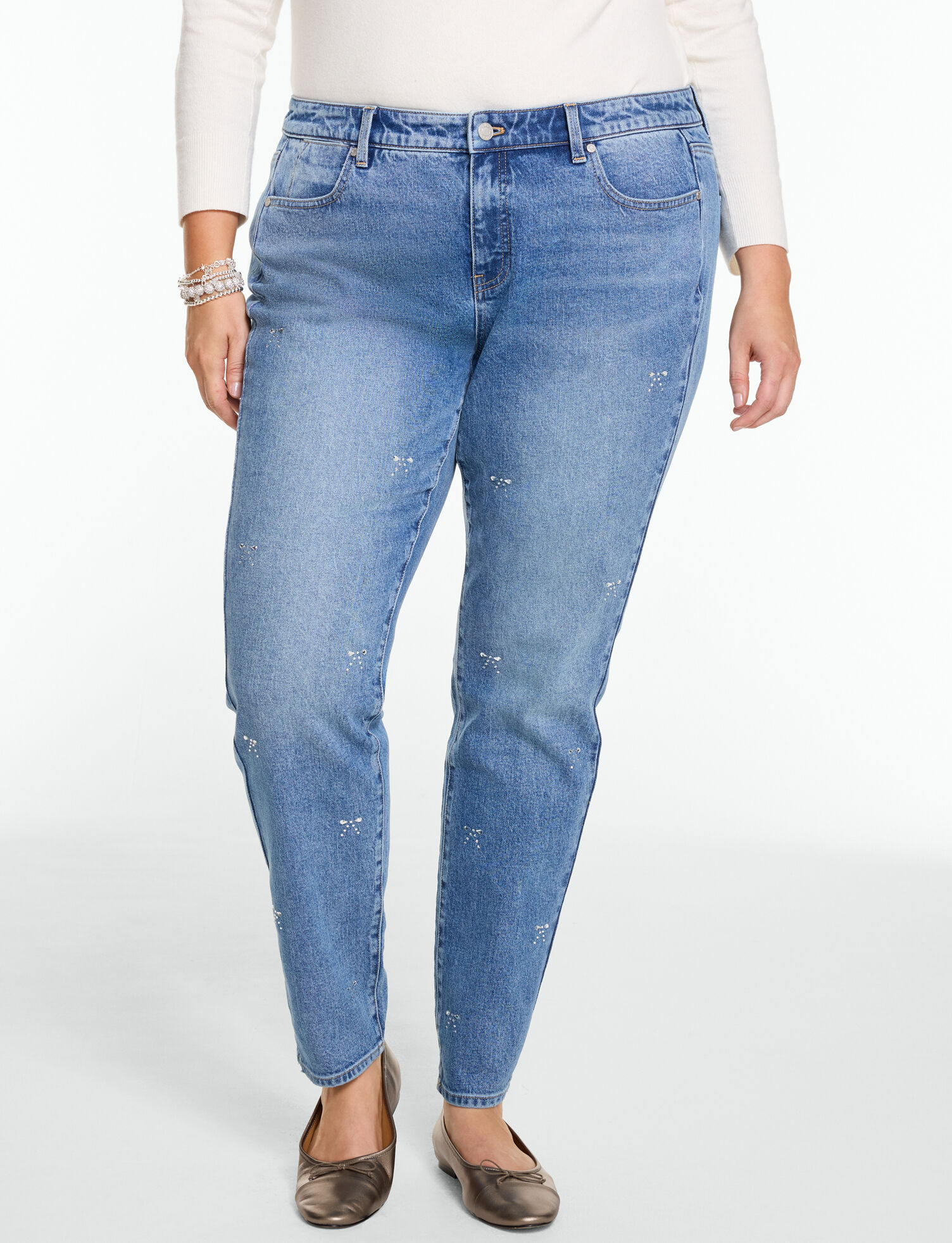 Slim Ankle Rhinestone Jeans - Crystal Bows