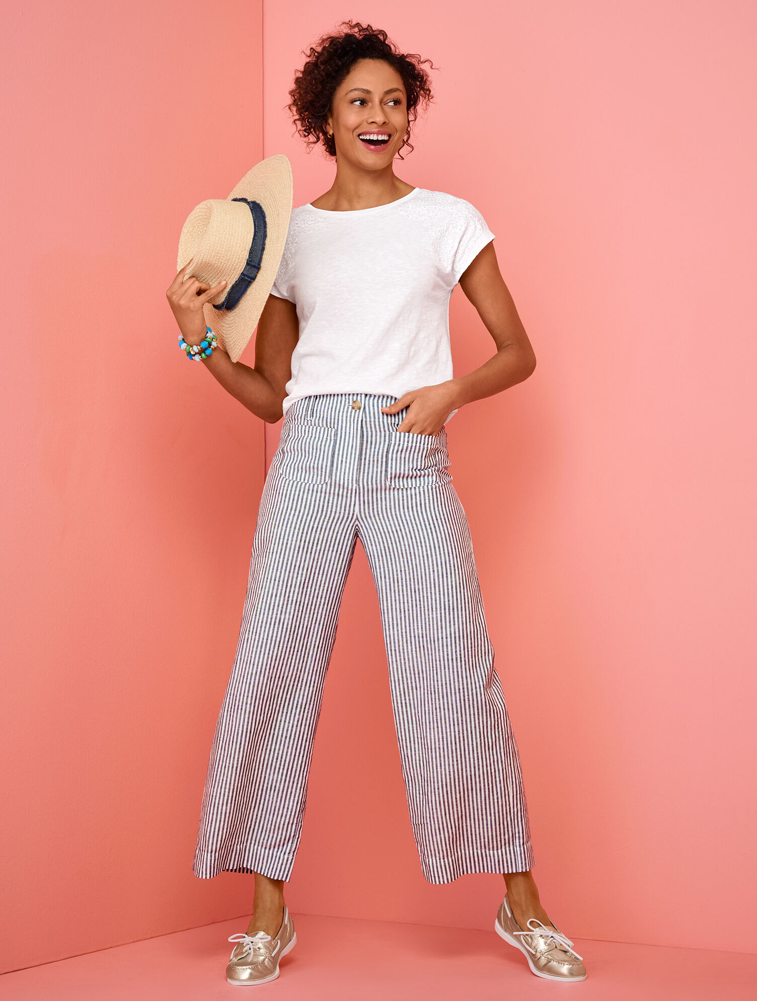 Plus Size Striped Linen Cropped Pants Flax Pink Striped Linen Easy