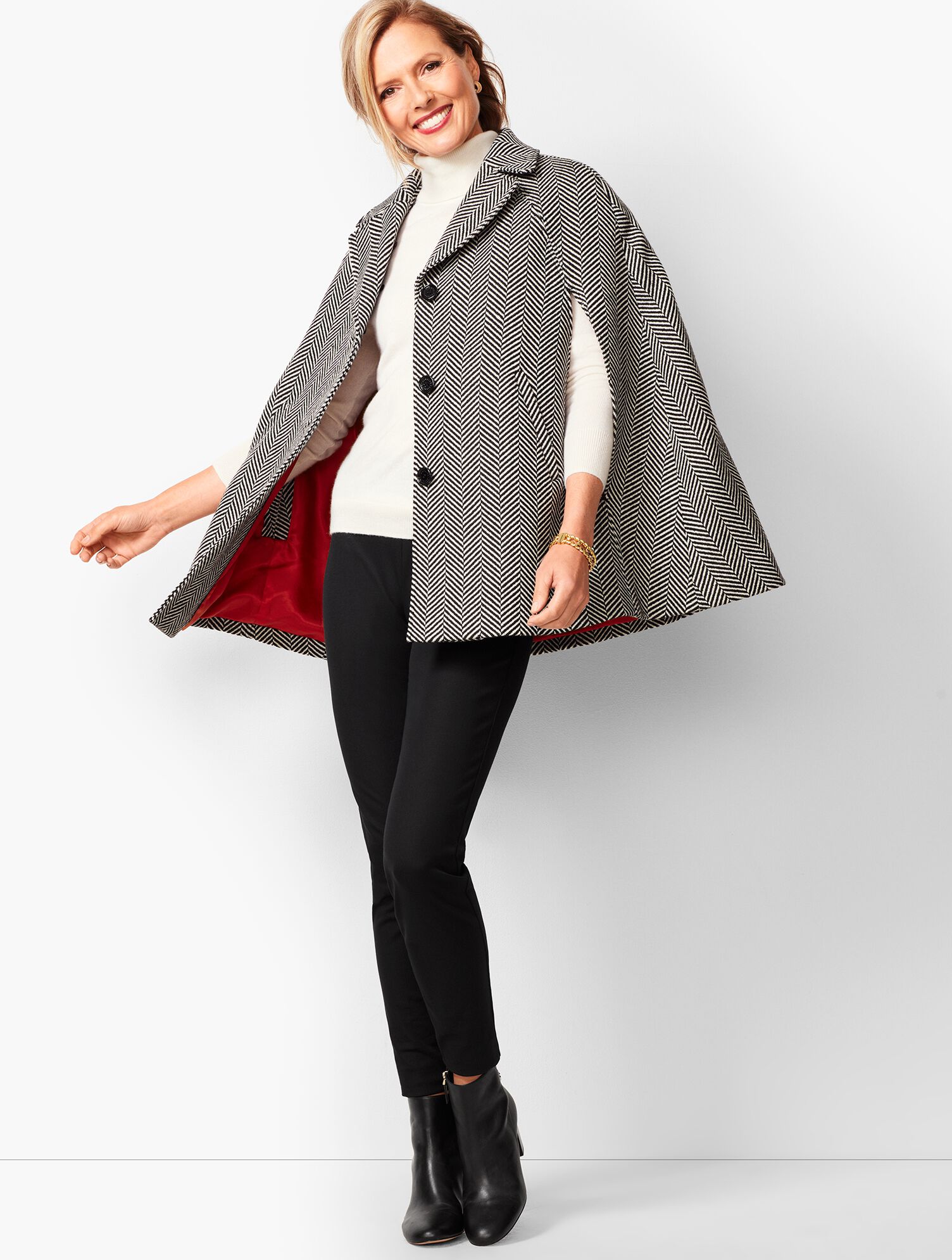 Faux-Fur Collar Herringbone Cape