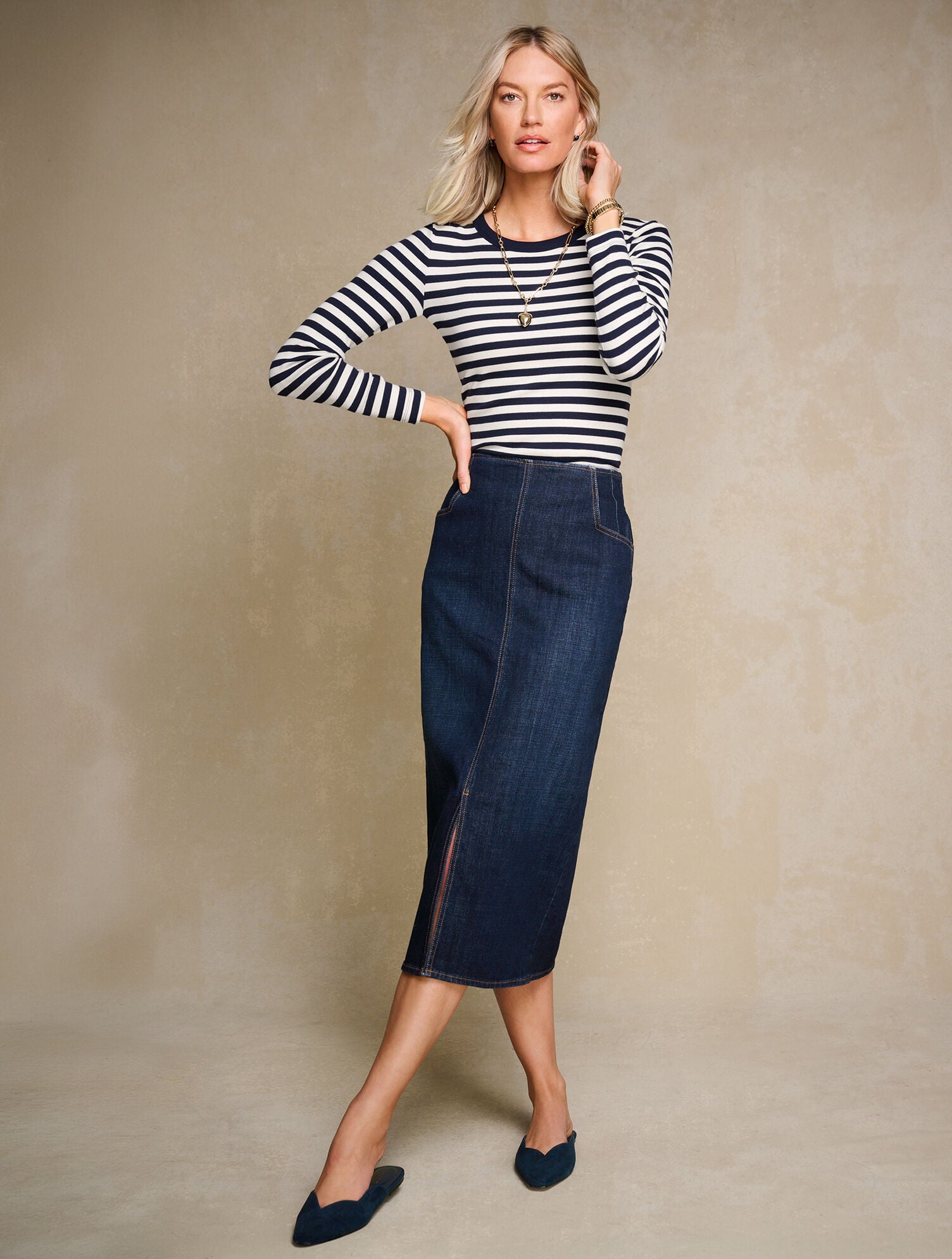 Ribbed Long Sleeve Crewneck Tee - Talia Stripe