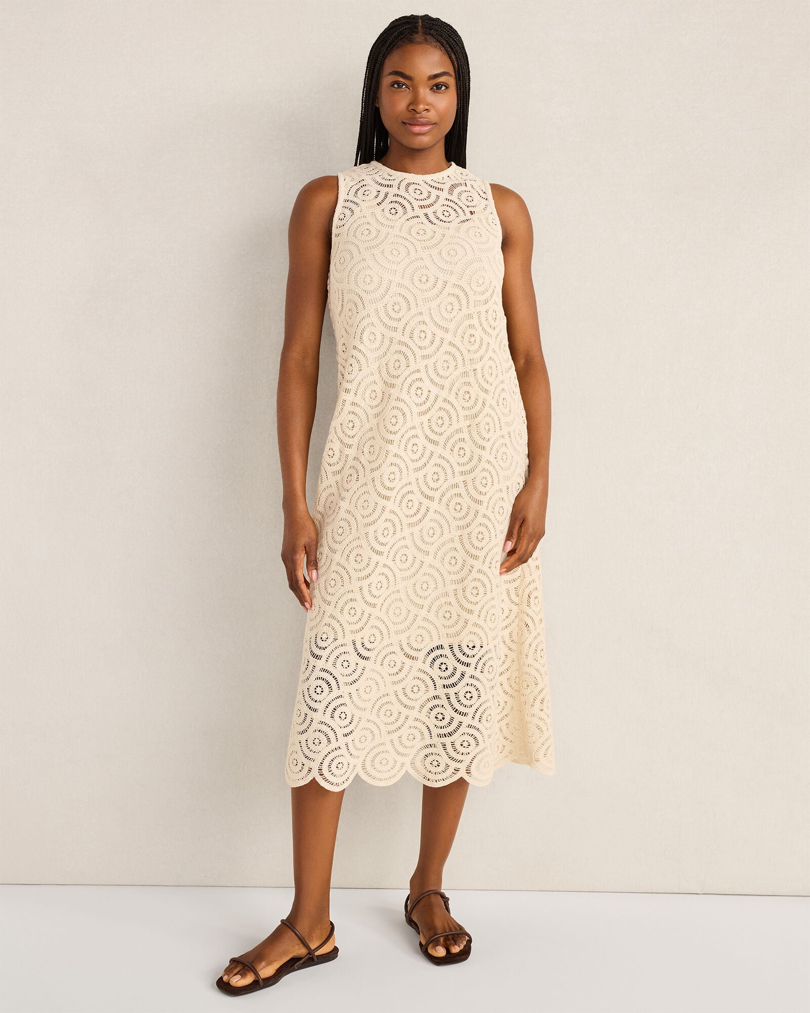Cotton Crochet Scalloped Midi Dress